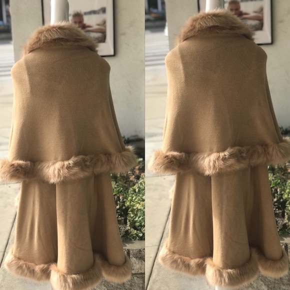Luxurious Camel Faux Fur Double Layer Cape Coat - Picture 2 of 9